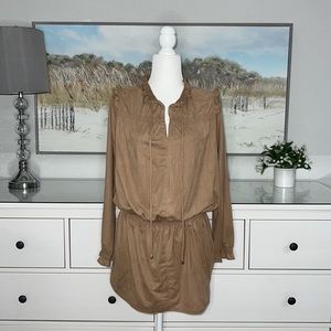 NWT Vertigo Ruffled Smocked Tunic Long Sleeve in Camel / Lightweight Faux Suede